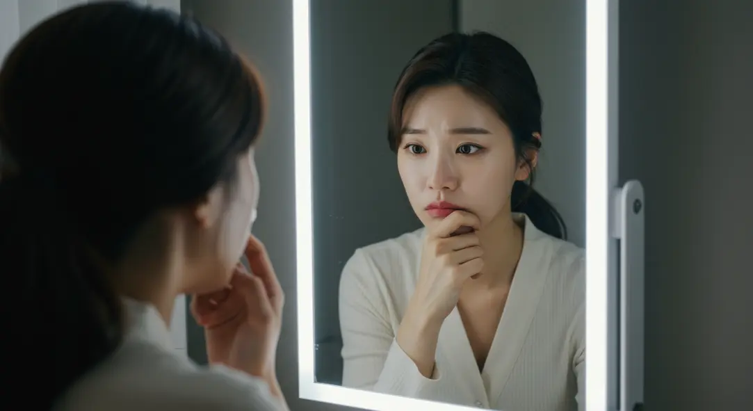 첫 코 성형 결과에 대한 불만족으로 코 재수술을 고민하는 모습.