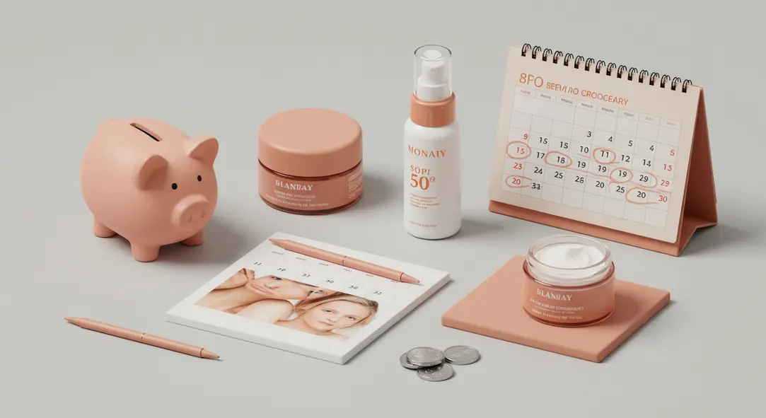 A collection of items representing the cost and essential aftercare for laser treatments, such as sunscreen and moisturizer.