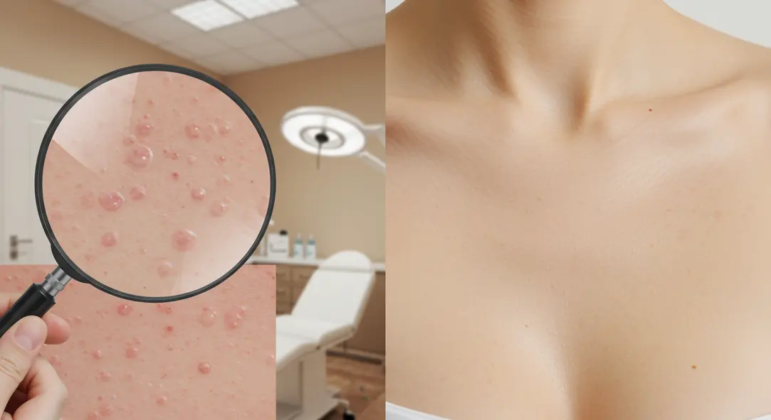 A visual representation of skin improvement, from scarred and porous to smooth and firm.