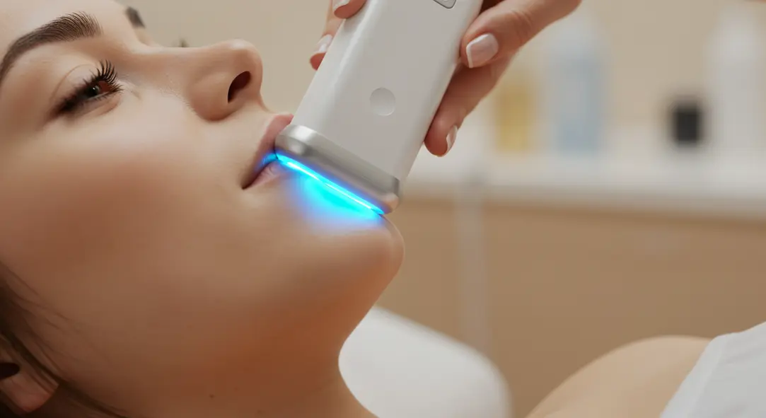 벨라소닉 초음파 기기가 피부에 부드럽게 닿아 미세한 진동을 전달하는 모습.