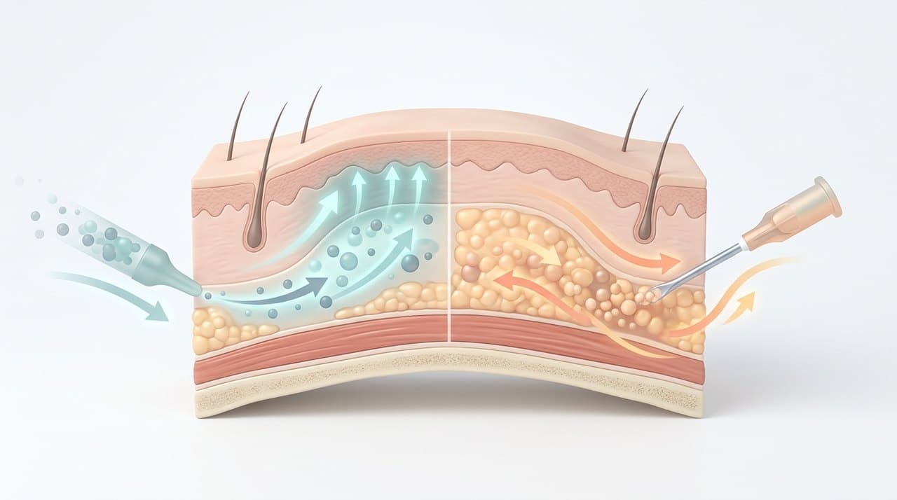이마 필러 지방이식 시술 침투 깊이 및 임상 효과 비교 인포그래픽 차트