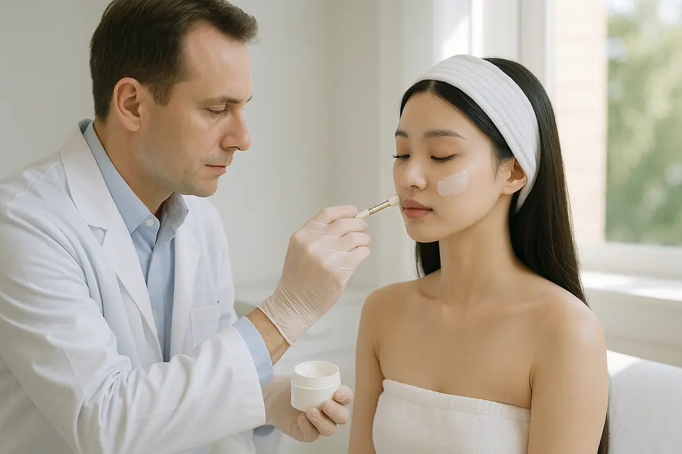 A dermatologist applying a cream to a patient's cheek, illustrating the first step of Photodynamic Therapy.