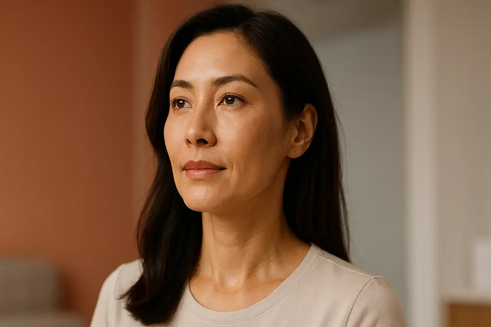 Confident person in their 30s/40s showing improved skin firmness after cosmetic treatment.