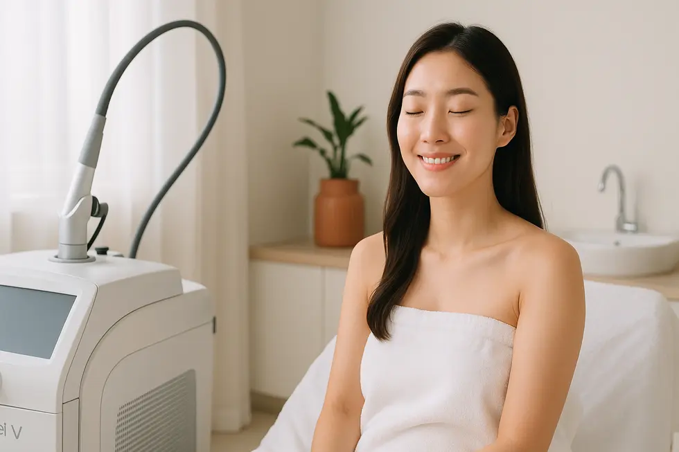 A happy woman with glowing skin in a bright, modern dermatology clinic, with an Excel V laser machine in the background.