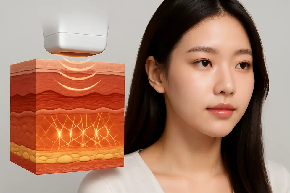 A diagram showing how Ultra Focus uses HIFU to stimulate collagen production in the deep SMAS layer of the skin.