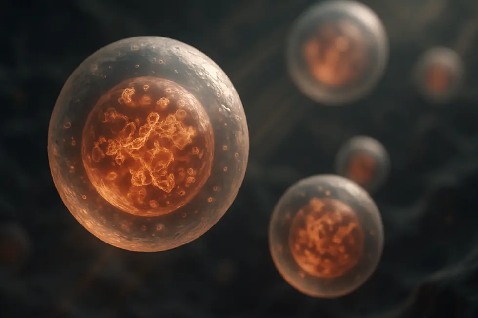 A macro, photo-realistic image of glowing terracotta and grey spheres, representing exosomes, floating in a dark, abstract cellular background.