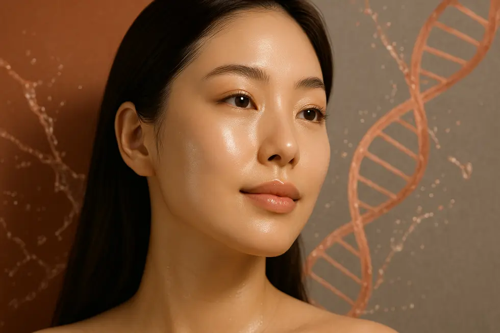 A woman with flawless, glowing skin, with an abstract background representing the salmon DNA origins of Rejuran Healer.