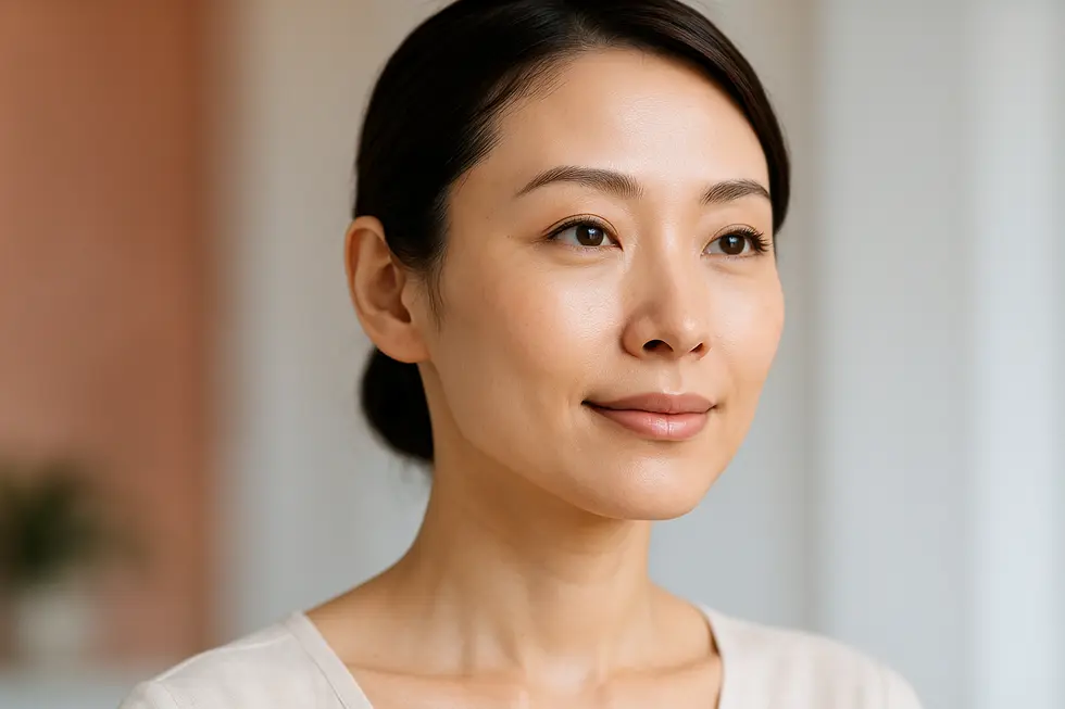 穏やかな表情の日本人女性の顔のアップ。肌は滑らかで、しわが目立たず、若々しい印象。
