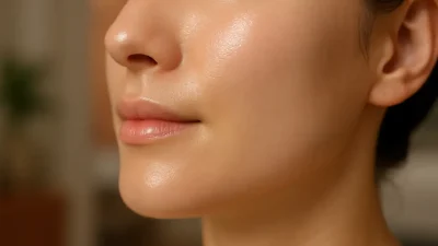 潤いと透明感のある、健康的な肌のクローズアップ。