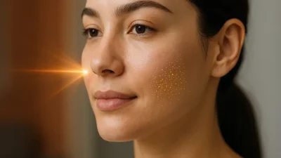 金ナノ粒子とレーザー光で肌が輝く様子を示す、ニキビや毛穴の少ないクリアな顔のクローズアップ画像。
