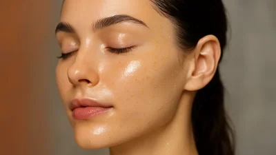 クムスピーリング施術後の、健康的で上品なツヤのある女性の顔のクローズアップ画像。