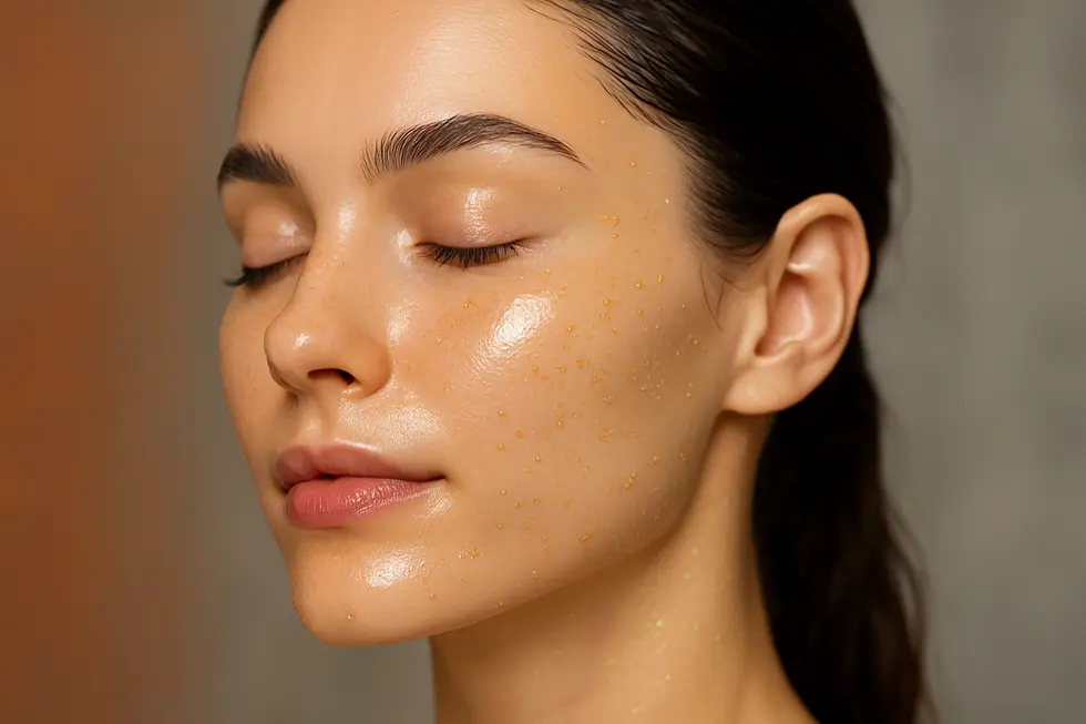クムスピーリング施術後の、健康的で上品なツヤのある女性の顔のクローズアップ画像。