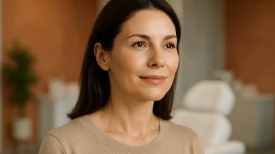 ニューセラ施術で若々しく引き締まったフェイスラインを持つ女性の顔。