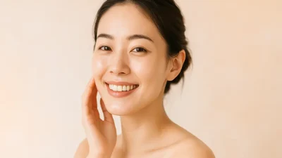 明るく輝く透明感のある肌の女性の顔のクローズアップ。自信と満足感が表現されています。