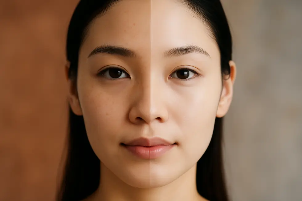 肌の半分が明るく均一なトーン、もう半分がわずかなシミやくすみのある顔のクローズアップ画像。美白治療の効果を象徴しています。