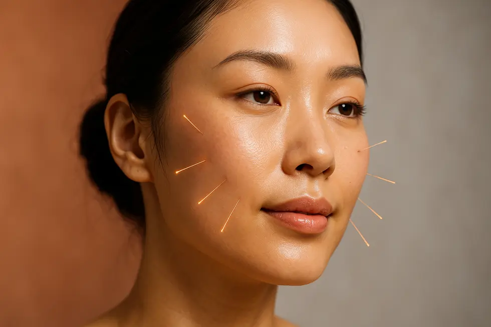美容鍼の効果で健康的に輝く女性の顔。鍼のイメージが穏やかに表現されている。