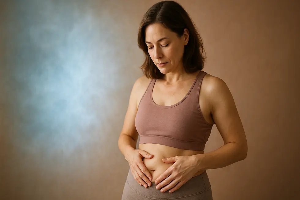 柔らかい運動着を着た女性が、自分の腹部を優しく触りながら、冷却ダイエットによる部分痩せの可能性を考えている様子。暖色系の背景に冷涼感を思わせる光が混ざる。