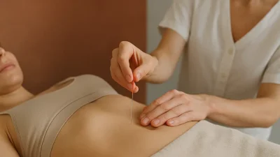 腹部のツボに優しく鍼が適用されている様子。暖色系の背景が安らぎを演出している。