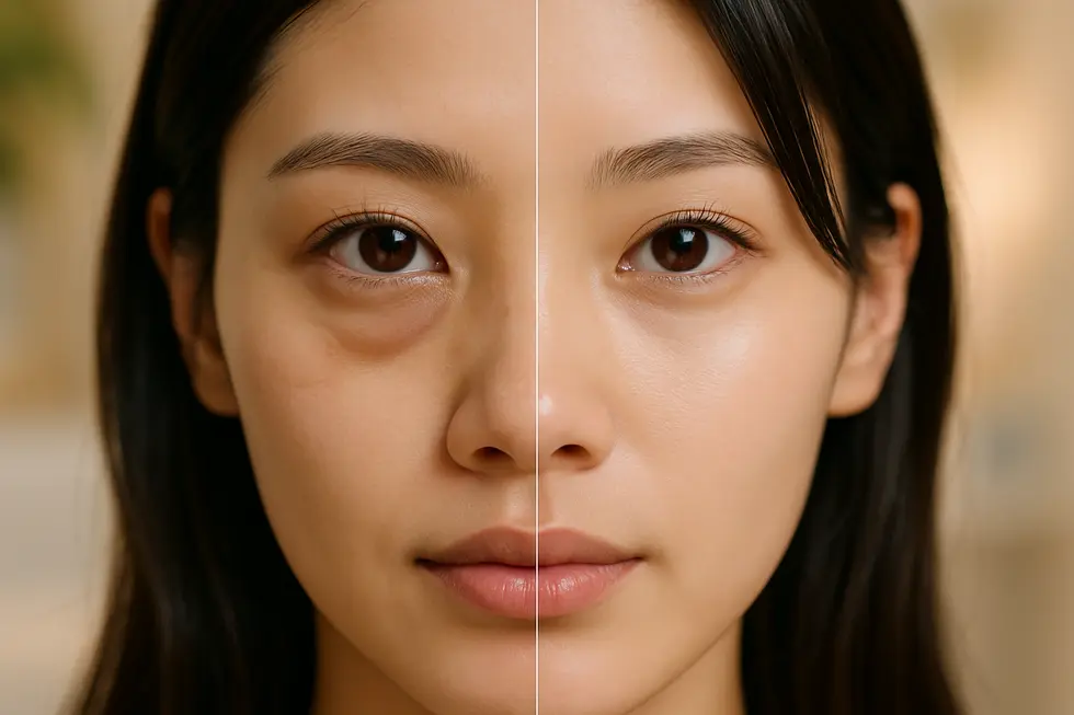 目の下の膨らみ（目袋）の原因となる眼窩脂肪の突出と、それを除去した後のすっきりとした目元の変化を示しています。