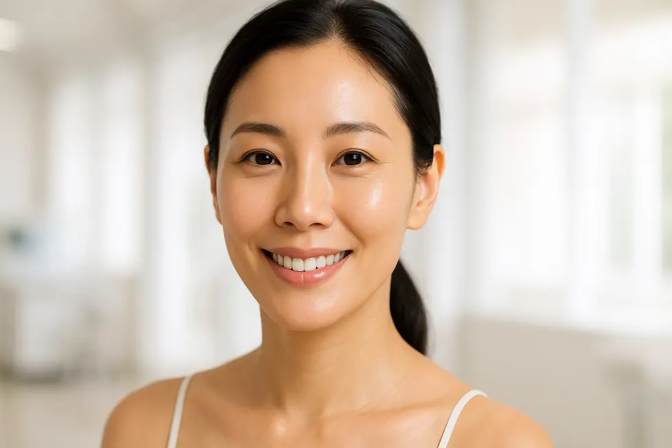 透明感とハリのある健康的な肌を持つ女性が微笑んでいる様子。フォトナスターウォーカーによる美肌効果を表現。