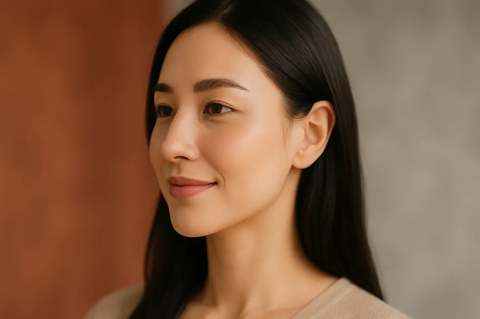 自然で洗練された鼻のラインを持つ女性の美しい横顔。自信と満足感を表している。
