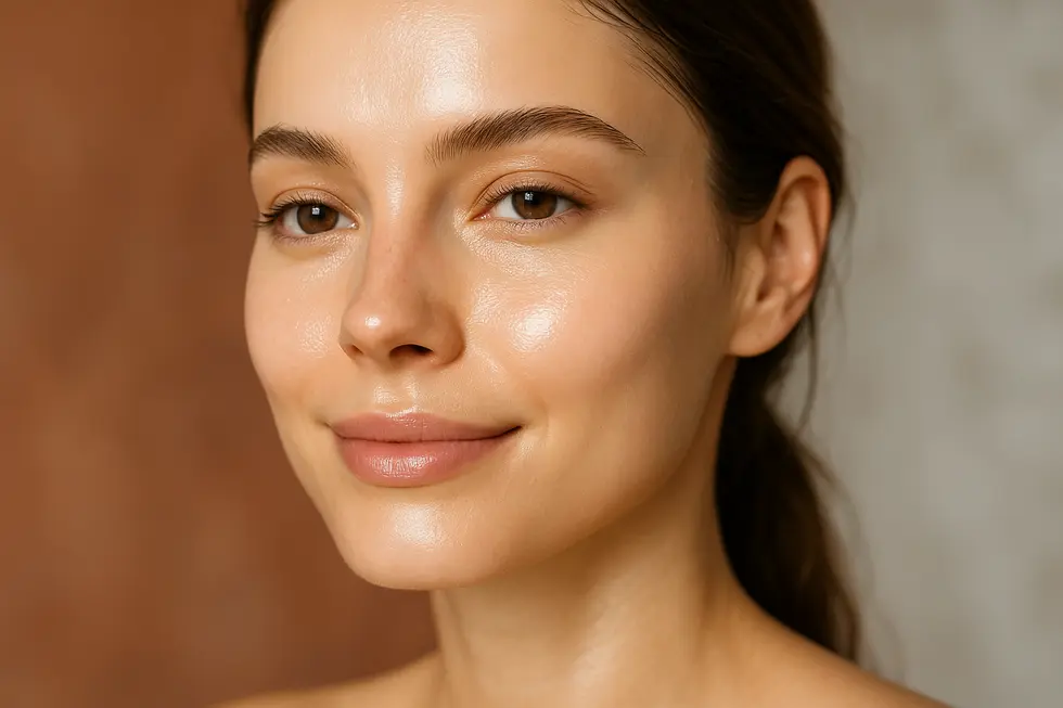 潤いとハリのある、健康的で輝く女性の顔のクローズアップ。