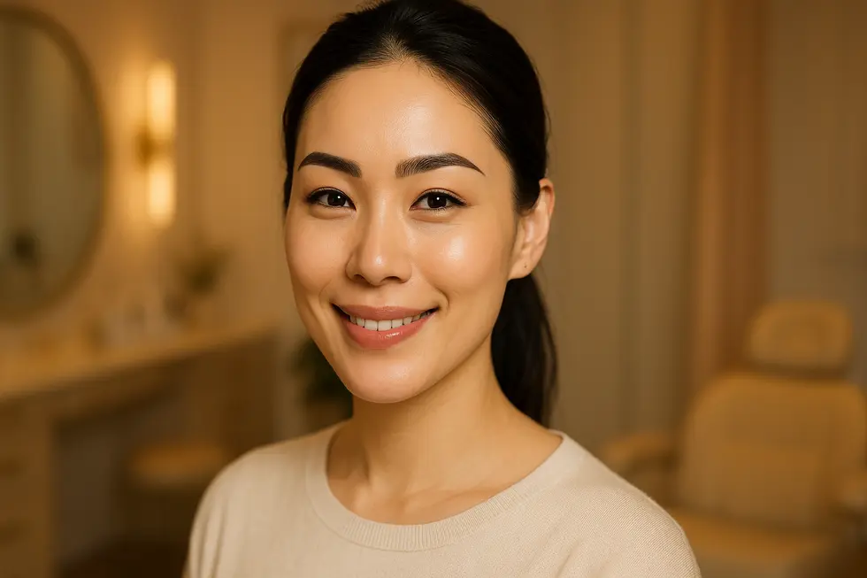 完璧な眉とアイラインを持つ、自信に満ちた笑顔の日本人女性。アートメイクによる自然な美しさを表現。