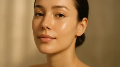 透明感と輝きのある美しい肌を持つ女性の顔のクローズアップ画像。