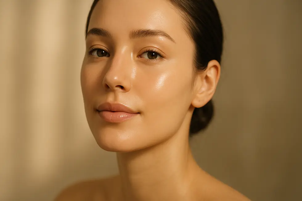 透明感と輝きのある美しい肌を持つ女性の顔のクローズアップ画像。