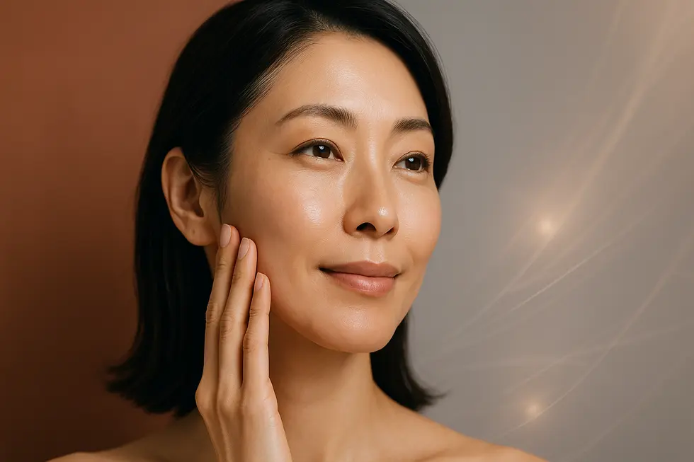 ダブルタイト施術後の引き締まったフェイスラインとハリのある肌を持つ、輝く日本人女性のクローズアップ画像。