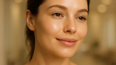 エキソソーム施術により、ハリとツヤを取り戻した女性の顔のクローズアップ。