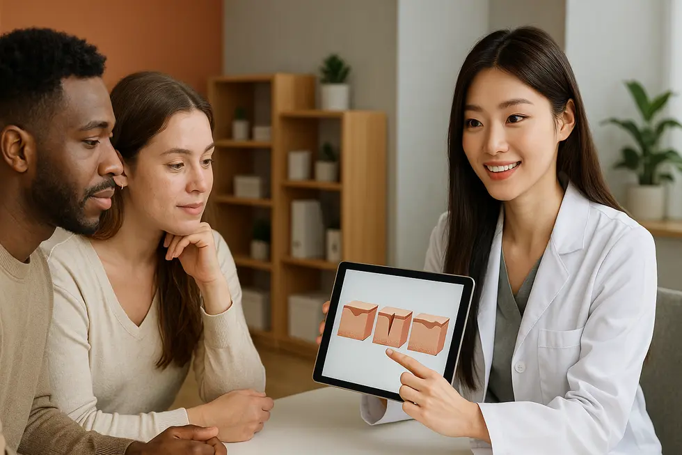 パンチウェーブの適用対象や肌タイプについて専門医と相談する様子。