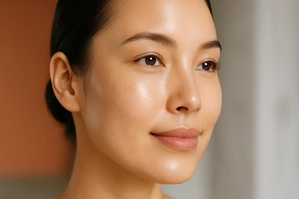レーザートーニングによって肝斑やシミが薄くなり、透明感のある明るい肌になった女性の顔のクローズアップ画像。