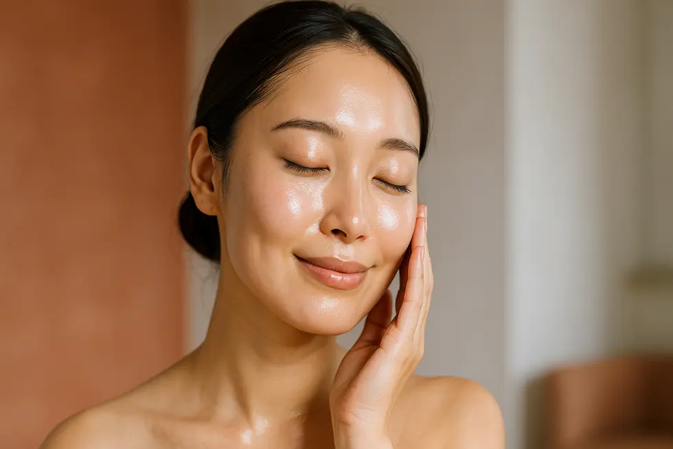 潤いに満ちたツヤ肌の女性が優しく頬に触れている様子。