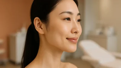 施術によりフェイスラインがシャープになったアジア人女性の顔のクローズアップ。