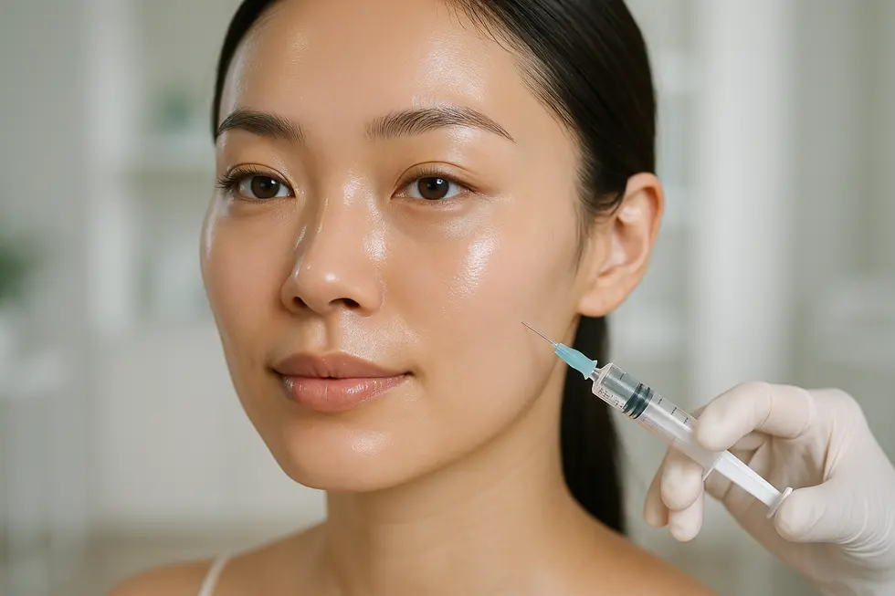水分を豊富に含み、内側から輝くような健康的で透明感のある肌の女性の顔のクローズアップ。