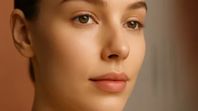 光を受けて輝く、なめらかで健康的な肌のクローズアップ画像。背景はテラコッタとライトグレーの色調。
