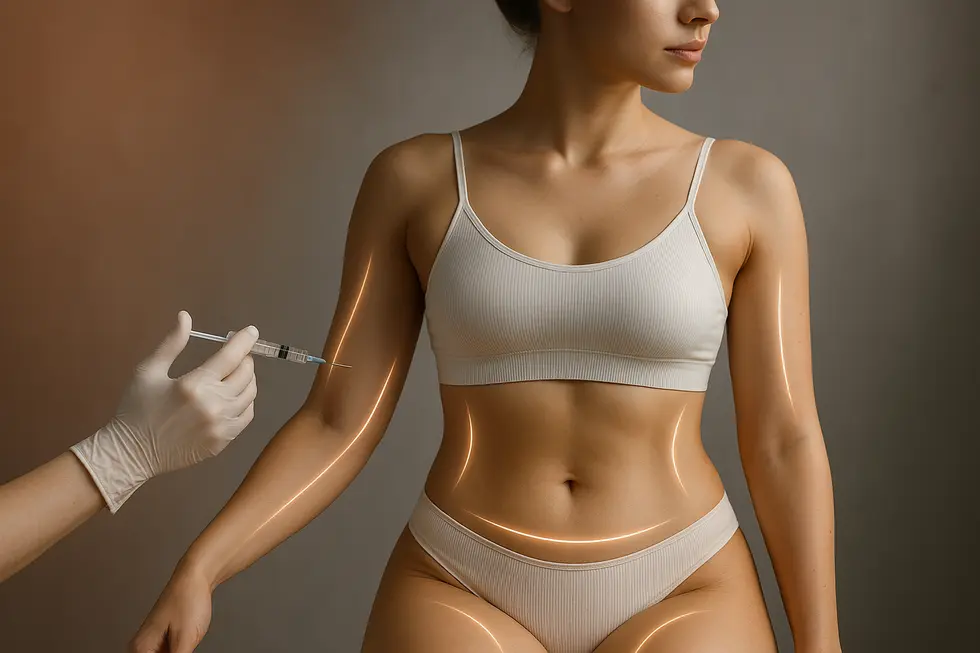 女性のボディラインが強調され、ボディアキュ注射のターゲット部位であるお腹、腕、太ももが光の線で示されている。洗練された美容医療のイメージ。
