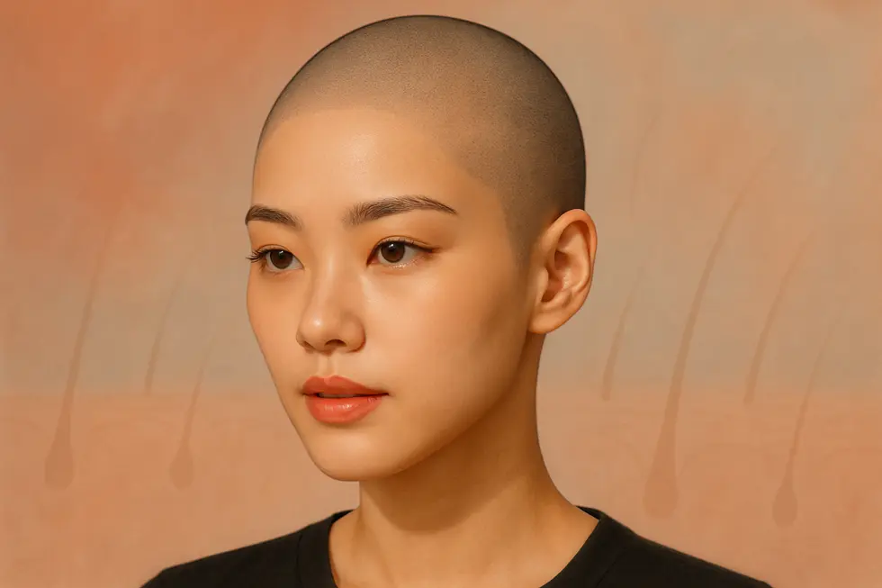 ヘアタトゥー（SMP）を通じて自信を取り戻し、新しい自分に出会う喜びを表現したイラスト。