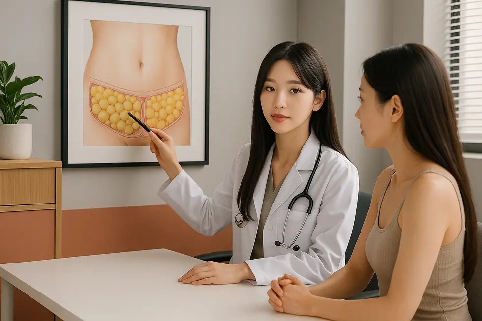 脂肪溶解注射の費用とリスクについて、医師と患者がカウンセリングを行う様子。