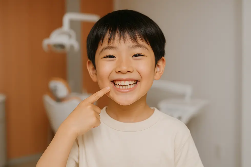 機能性矯正で明るく健康的な笑顔になった8歳くらいの日本人の子供が口元を指さして笑っている様子。