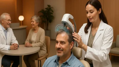 磁場を利用したヘアセル脱毛症治療を受ける人々が集う、モダンなクリニックの様子。