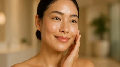 スキンブースターで改善された、ツヤとハリのある肌に優しく触れる女性の顔のクローズアップ。