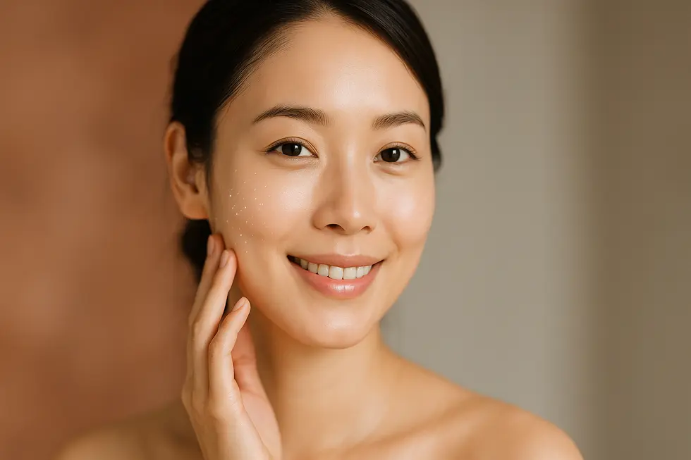 透明感のある明るい肌の女性が優しく頬に触れ、自信に満ちた笑顔を見せているイメージ。