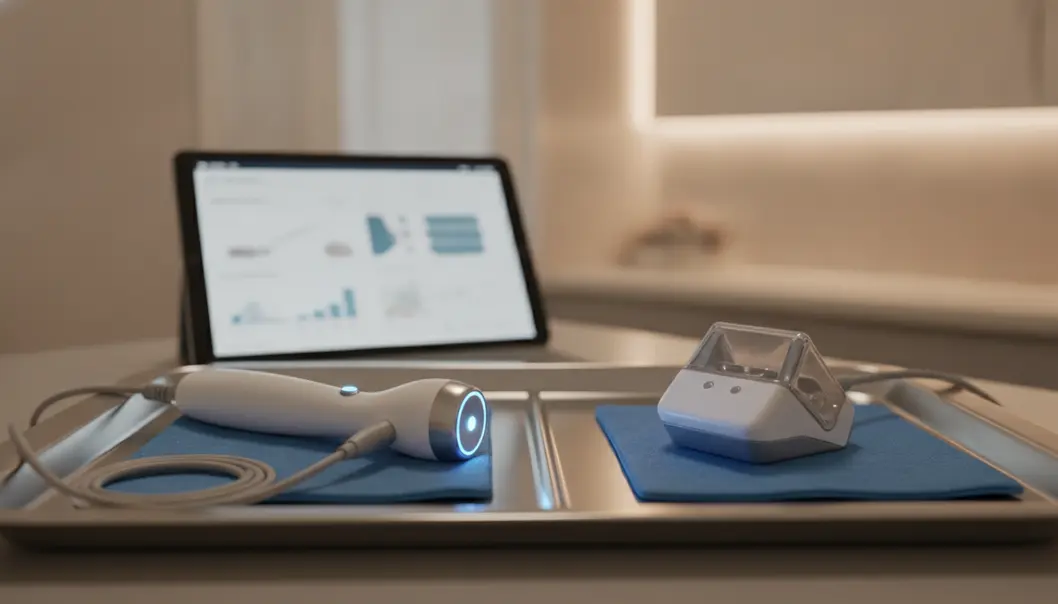 A conceptual comparison between high-tech RF and HIFU devices on a clinical tray.