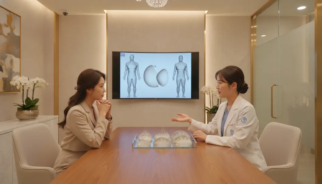 專業醫療團隊透過 3D 模擬與假體觸感試模，協助求美者挑選契合身形與預算的假體。
