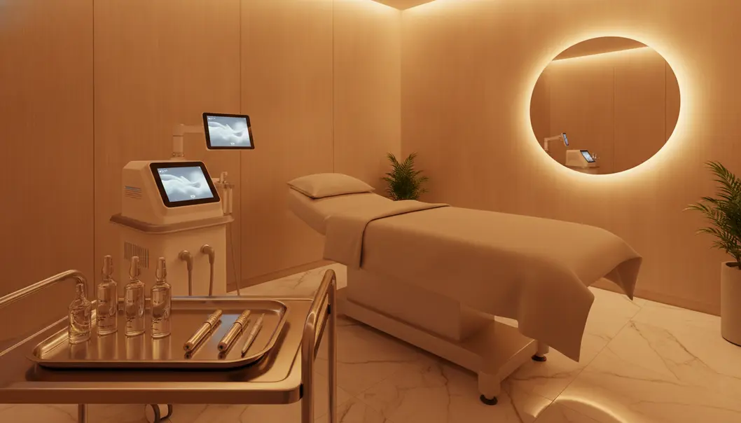 Medical aesthetic anti-aging setup featuring HIFU lifting and skin booster rejuvenating therapies.